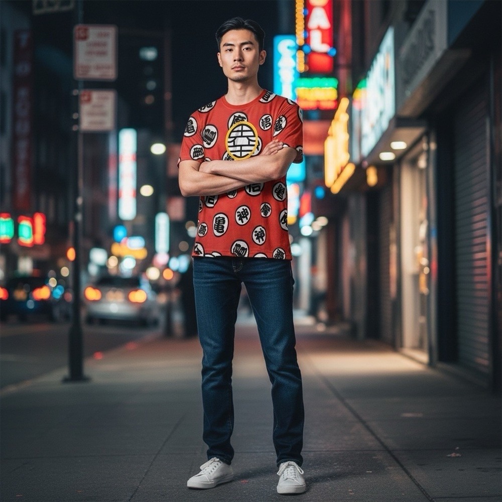 DRAGONBALL Z Anime T-Shirt Mens XL Red Goku Kanji Symbols All Over Print Tee